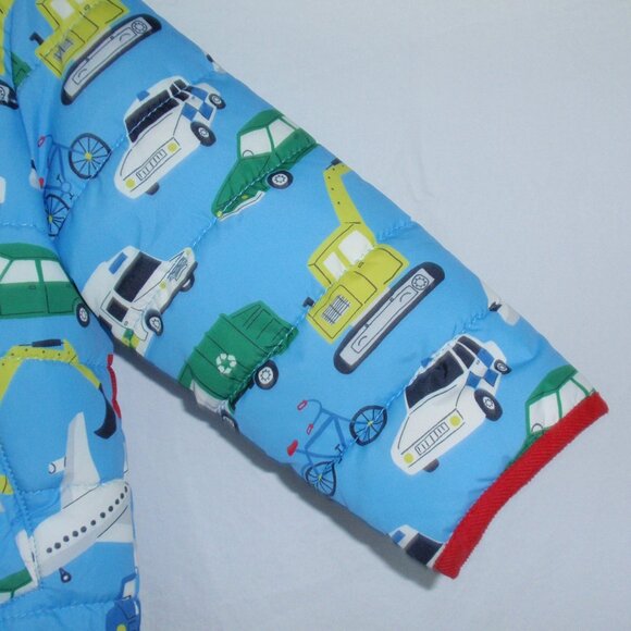 Mini Boden Blue Kids Puffer Jacket with Vehicle Print - Picture 3 of 12
